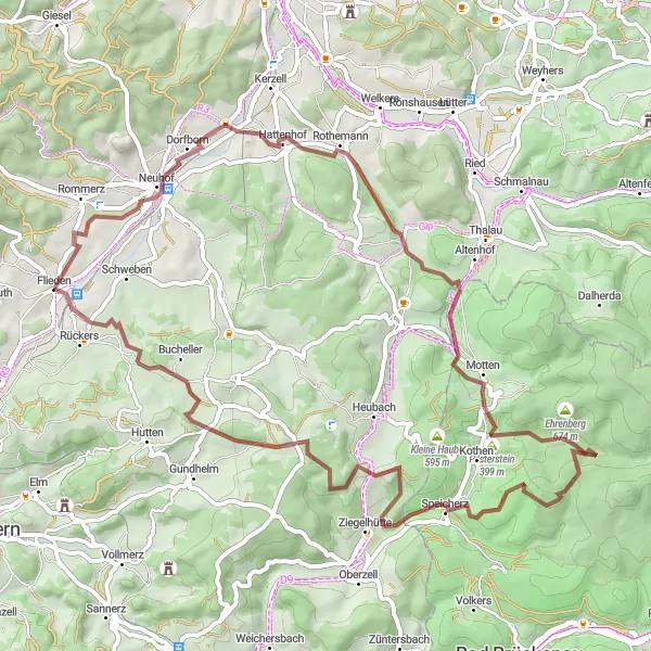 Map miniature of "Scenic Gravel Tour" cycling inspiration in Kassel, Germany. Generated by Tarmacs.app cycling route planner