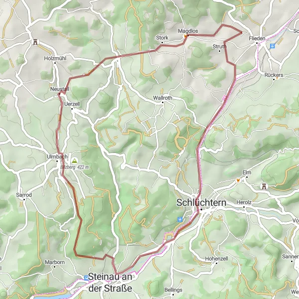 Map miniature of "Gravel Route to Schlüchtern and Steinau an der Straße" cycling inspiration in Kassel, Germany. Generated by Tarmacs.app cycling route planner