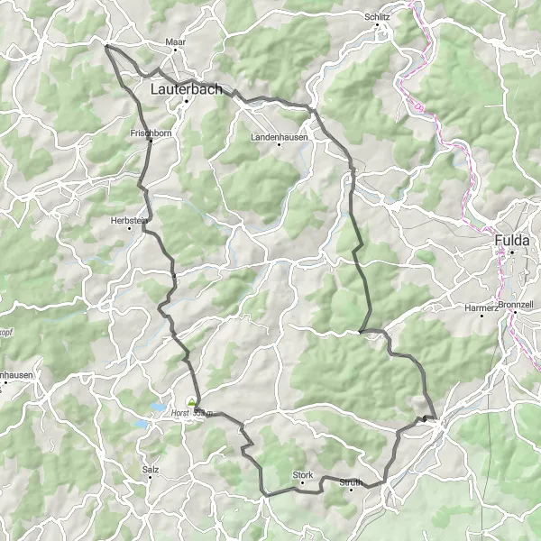 Map miniature of "Scenic Road Cycling Route to Döngesmühle and Steinerne Platte" cycling inspiration in Kassel, Germany. Generated by Tarmacs.app cycling route planner