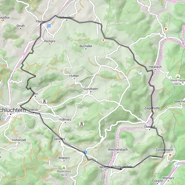 Map miniature of "Flieden Loop" cycling inspiration in Kassel, Germany. Generated by Tarmacs.app cycling route planner