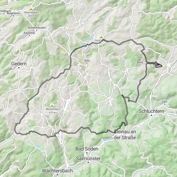 Map miniature of "The Wilder Stein Loop" cycling inspiration in Kassel, Germany. Generated by Tarmacs.app cycling route planner