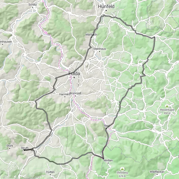 Map miniature of "Road Cycling Adventure to Fulda and Hutzelfeuer" cycling inspiration in Kassel, Germany. Generated by Tarmacs.app cycling route planner