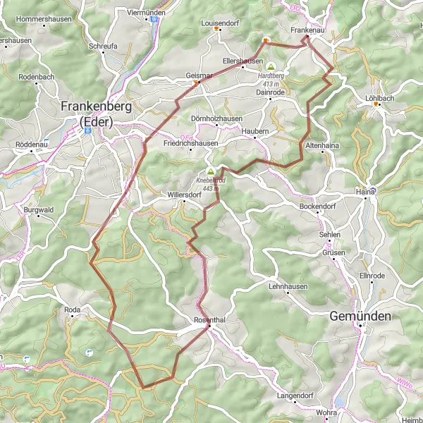 Karten-Miniaturansicht der Radinspiration "Natur- und Kulturerlebnisse rund um Frankenau" in Kassel, Germany. Erstellt vom Tarmacs.app-Routenplaner für Radtouren