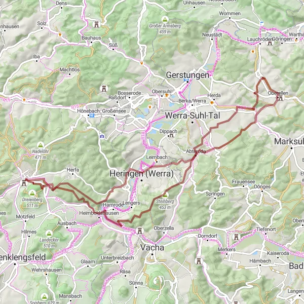 Map miniature of "Winding Gravel Adventure" cycling inspiration in Kassel, Germany. Generated by Tarmacs.app cycling route planner