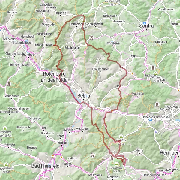 Karten-Miniaturansicht der Radinspiration "Gravel-Tour durch Friedewald und Umgebung" in Kassel, Germany. Erstellt vom Tarmacs.app-Routenplaner für Radtouren