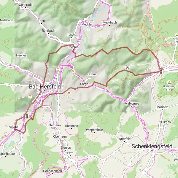 Map miniature of "Hidden Gravel Trails" cycling inspiration in Kassel, Germany. Generated by Tarmacs.app cycling route planner