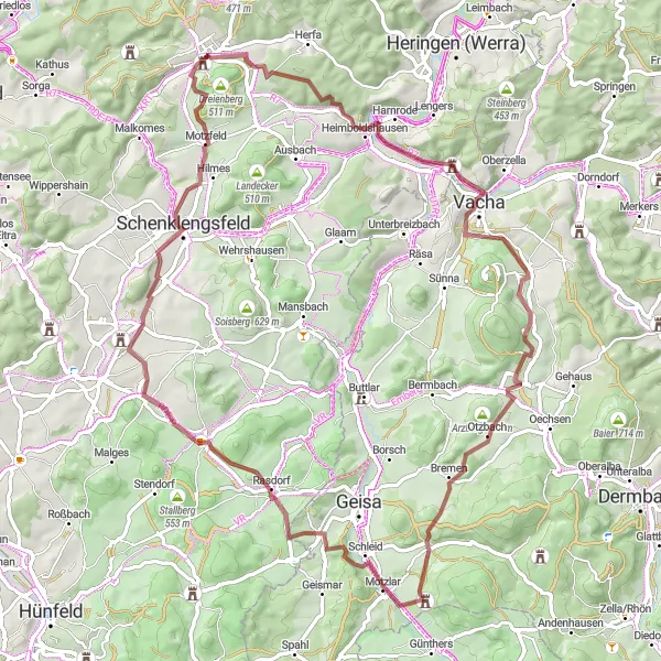 Map miniature of "Philippsthal Gravel Loop" cycling inspiration in Kassel, Germany. Generated by Tarmacs.app cycling route planner