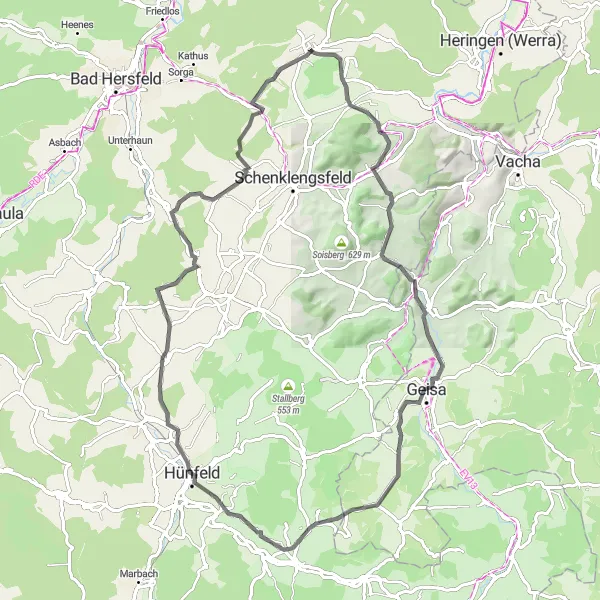 Map miniature of "Hills and Valleys" cycling inspiration in Kassel, Germany. Generated by Tarmacs.app cycling route planner