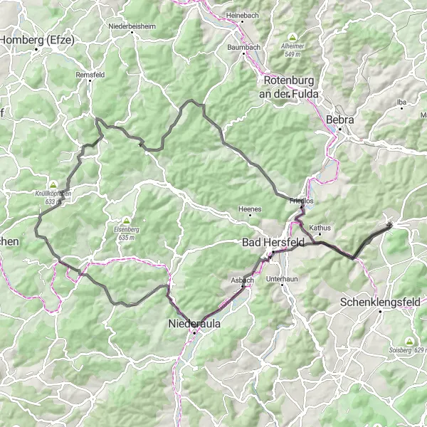 Map miniature of "Friedewald Wasserburg Loop" cycling inspiration in Kassel, Germany. Generated by Tarmacs.app cycling route planner