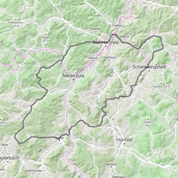 Map miniature of "Friedewald Circuit" cycling inspiration in Kassel, Germany. Generated by Tarmacs.app cycling route planner