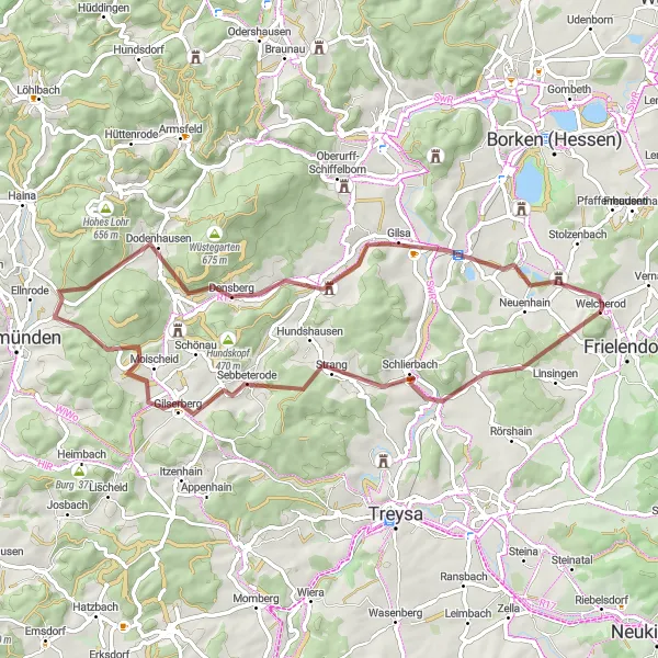 Map miniature of "Welcherod and the Geographical Wonders" cycling inspiration in Kassel, Germany. Generated by Tarmacs.app cycling route planner