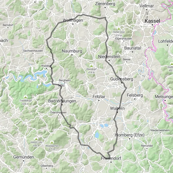 Map miniature of "Exploring Bad Zwesten and Beyond" cycling inspiration in Kassel, Germany. Generated by Tarmacs.app cycling route planner
