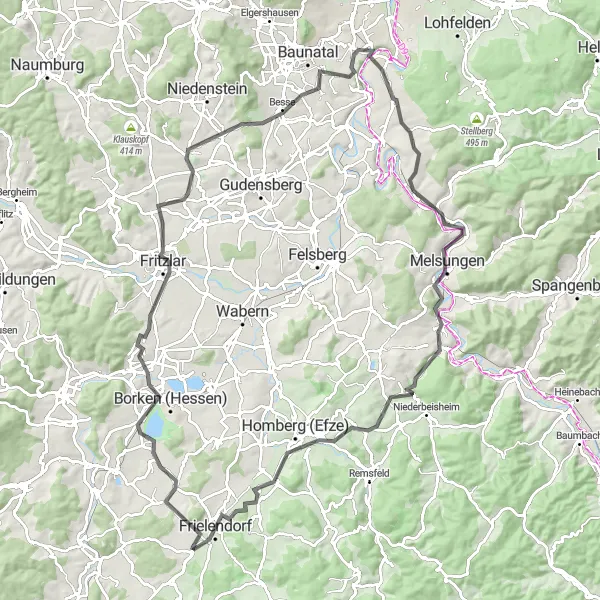 Map miniature of "Road Adventure through Fritzlar and Beyond" cycling inspiration in Kassel, Germany. Generated by Tarmacs.app cycling route planner