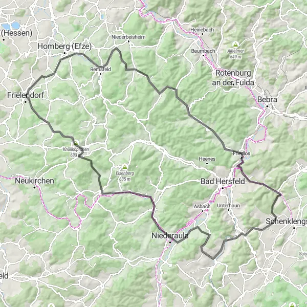 Map miniature of "The Ultimate Road Adventure across Niederaula" cycling inspiration in Kassel, Germany. Generated by Tarmacs.app cycling route planner