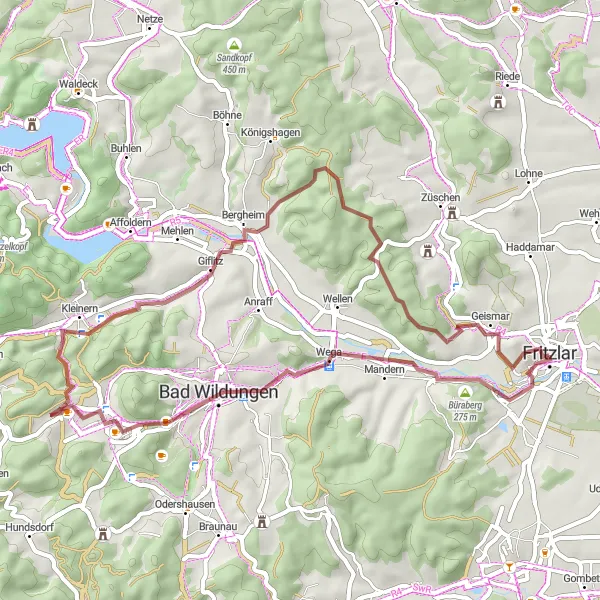 Map miniature of "Höheberg and Johanneskirchenkopf Gravel Loop" cycling inspiration in Kassel, Germany. Generated by Tarmacs.app cycling route planner