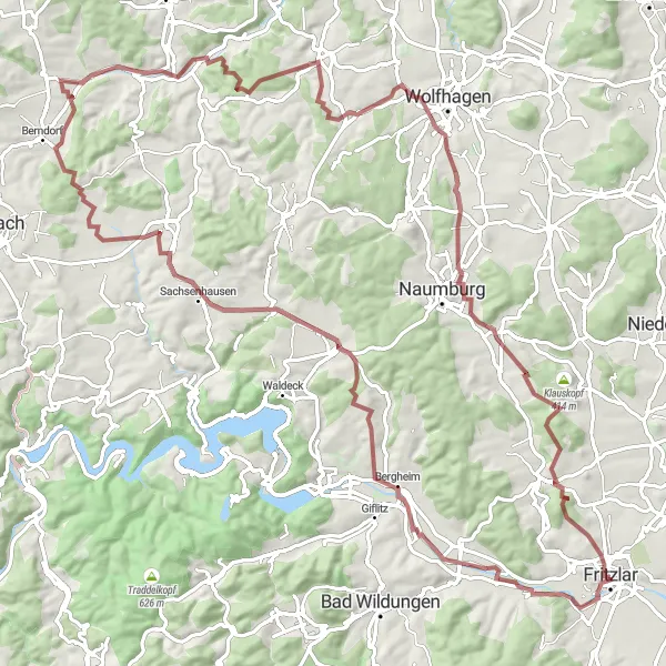 Map miniature of "Büraberg and Schloss Garvensburg Gravel Route" cycling inspiration in Kassel, Germany. Generated by Tarmacs.app cycling route planner