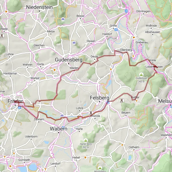 Karten-Miniaturansicht der Radinspiration "Gravel-Tour um Fritzlar" in Kassel, Germany. Erstellt vom Tarmacs.app-Routenplaner für Radtouren