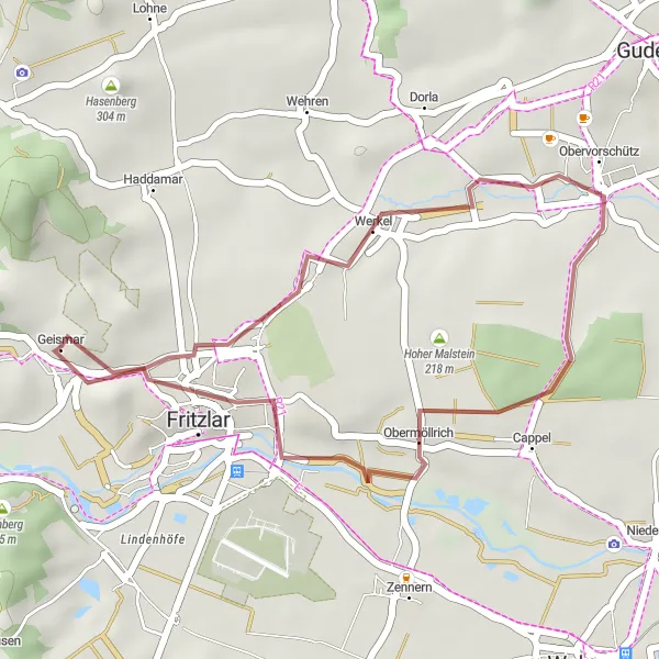 Map miniature of "Short Gravel Escape" cycling inspiration in Kassel, Germany. Generated by Tarmacs.app cycling route planner