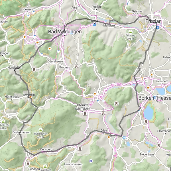 Map miniature of "Scenic Road Cycling Route to Bad Wildungen" cycling inspiration in Kassel, Germany. Generated by Tarmacs.app cycling route planner