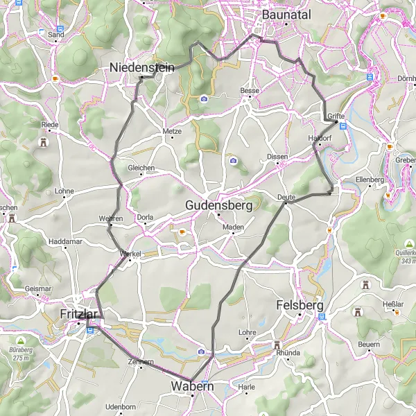 Map miniature of "Niedenstein and Wolfershausen Road Ride" cycling inspiration in Kassel, Germany. Generated by Tarmacs.app cycling route planner