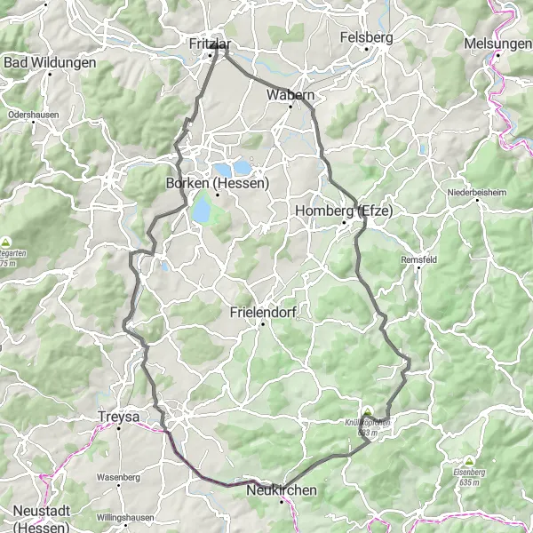 Karten-Miniaturansicht der Radinspiration "Rundtour von Fritzlar über Wabern nach Arnsbach" in Kassel, Germany. Erstellt vom Tarmacs.app-Routenplaner für Radtouren