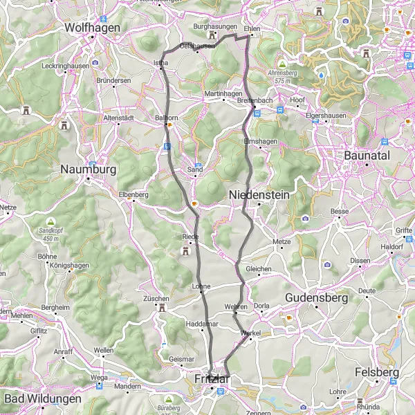 Map miniature of "Haddamar Loop" cycling inspiration in Kassel, Germany. Generated by Tarmacs.app cycling route planner