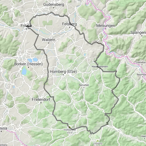 Map miniature of "Mountain Challenge" cycling inspiration in Kassel, Germany. Generated by Tarmacs.app cycling route planner