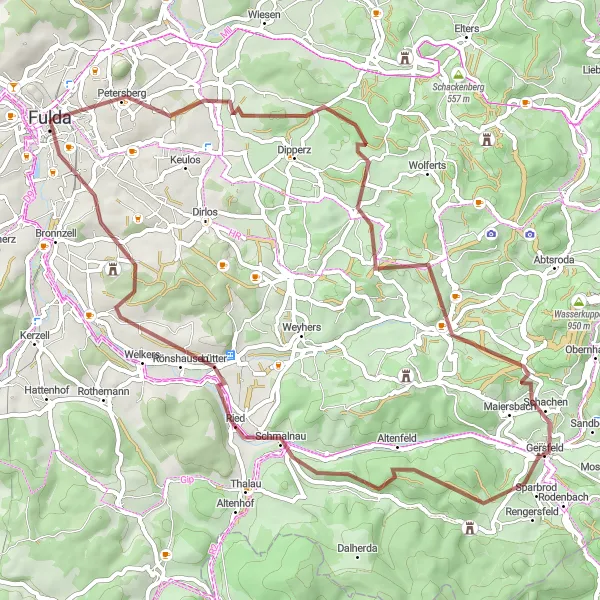 Karten-Miniaturansicht der Radinspiration "Gravel-Abenteuer rund um Fulda" in Kassel, Germany. Erstellt vom Tarmacs.app-Routenplaner für Radtouren