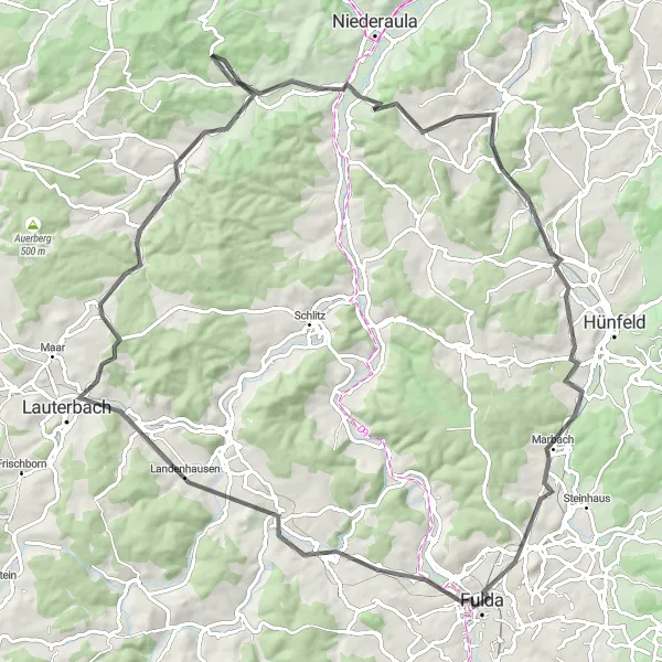 Map miniature of "Fulda and Beyond Road Cycling Route" cycling inspiration in Kassel, Germany. Generated by Tarmacs.app cycling route planner