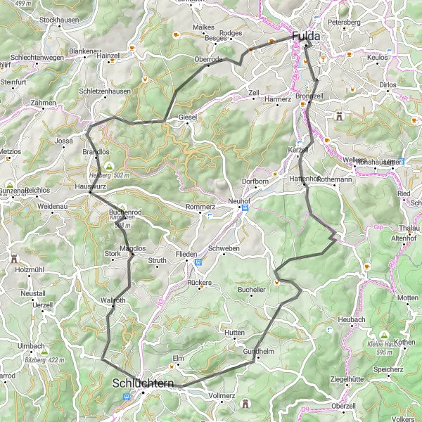 Map miniature of "Adventure on Wheels Road Escape" cycling inspiration in Kassel, Germany. Generated by Tarmacs.app cycling route planner