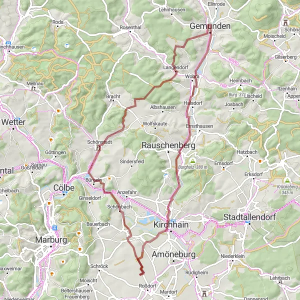 Map miniature of "Wohra Gravel Adventure" cycling inspiration in Kassel, Germany. Generated by Tarmacs.app cycling route planner