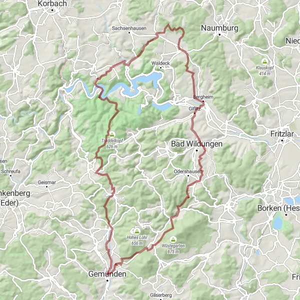 Map miniature of "Hillside Gravel Adventure" cycling inspiration in Kassel, Germany. Generated by Tarmacs.app cycling route planner