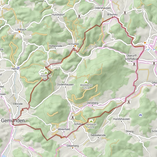 Map miniature of "The Hohes Lohr and Jesberg Gravel Ride" cycling inspiration in Kassel, Germany. Generated by Tarmacs.app cycling route planner