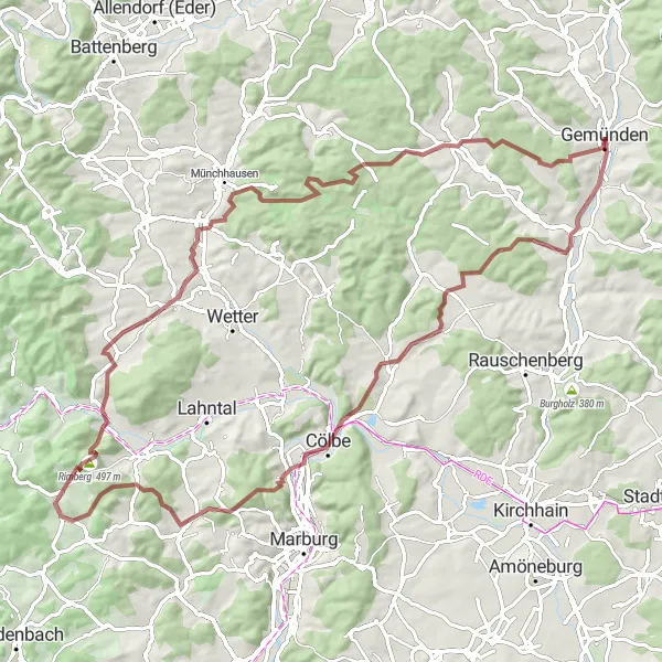 Map miniature of "The Vogelheerd and Rapunzelhäuschen Gravel Loop" cycling inspiration in Kassel, Germany. Generated by Tarmacs.app cycling route planner