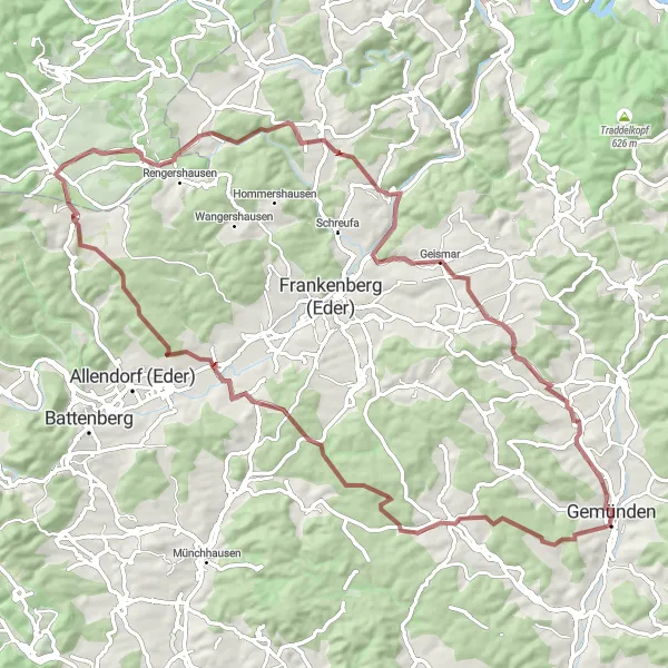 Karten-Miniaturansicht der Radinspiration "Abenteuerliche Gravel-Tour um Burgwald" in Kassel, Germany. Erstellt vom Tarmacs.app-Routenplaner für Radtouren