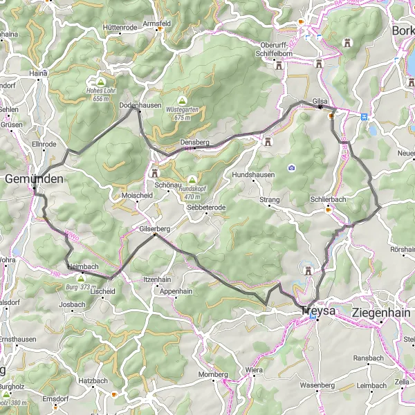 Map miniature of "Gemünden Loop" cycling inspiration in Kassel, Germany. Generated by Tarmacs.app cycling route planner