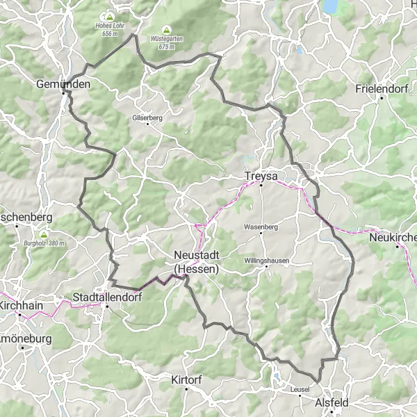 Map miniature of "Mountain Challenge" cycling inspiration in Kassel, Germany. Generated by Tarmacs.app cycling route planner