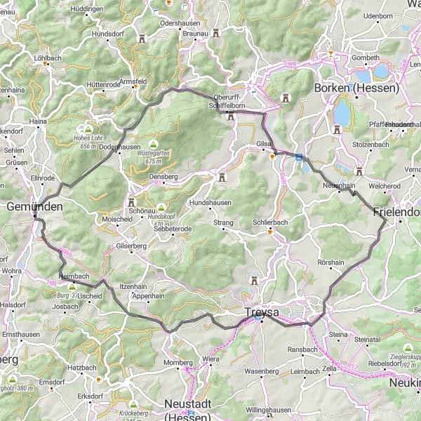 Karten-Miniaturansicht der Radinspiration "Radtour durch die ländliche Idylle" in Kassel, Germany. Erstellt vom Tarmacs.app-Routenplaner für Radtouren
