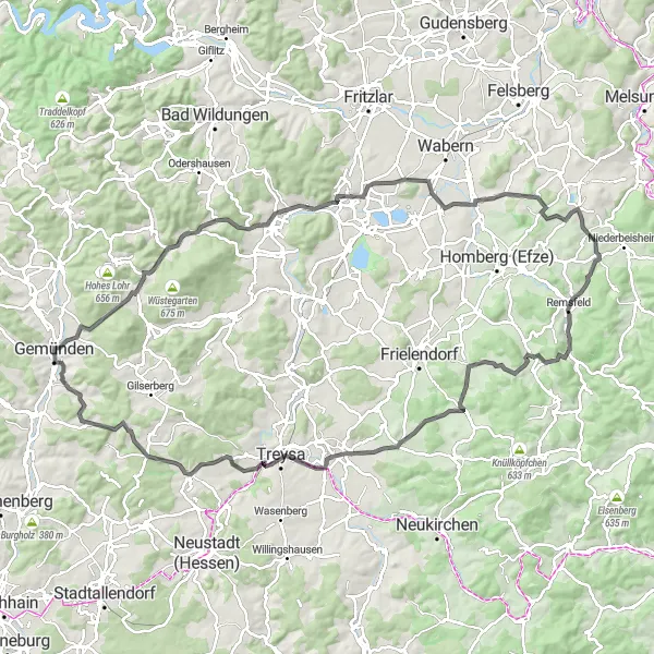 Map miniature of "The Bad Zwesten and Obergrenzebach Road Challenge" cycling inspiration in Kassel, Germany. Generated by Tarmacs.app cycling route planner