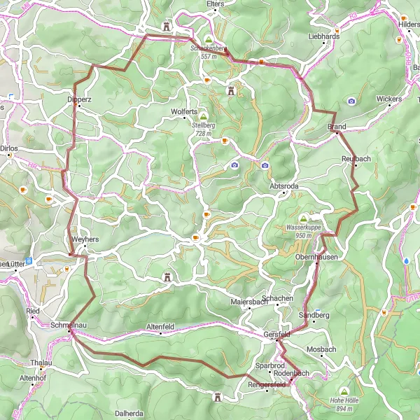 Map miniature of "Scenic Gravel Tour to Weinberg" cycling inspiration in Kassel, Germany. Generated by Tarmacs.app cycling route planner