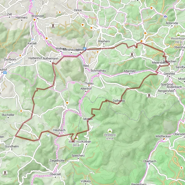 Karten-Miniaturansicht der Radinspiration "Rhön-Bike-Tour über Großer Nallenberg und Motten" in Kassel, Germany. Erstellt vom Tarmacs.app-Routenplaner für Radtouren