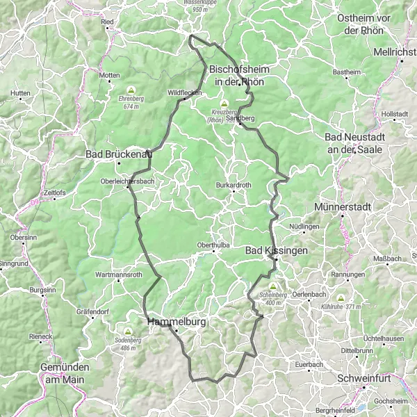 Map miniature of "Hohe Hölle and Rhön Region Margravial Stone - Road Cycling Route" cycling inspiration in Kassel, Germany. Generated by Tarmacs.app cycling route planner