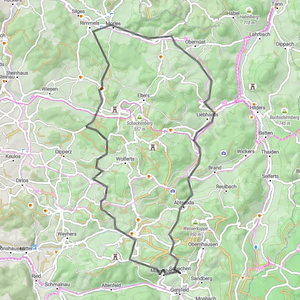 Map miniature of "Maiersbach Exploration" cycling inspiration in Kassel, Germany. Generated by Tarmacs.app cycling route planner