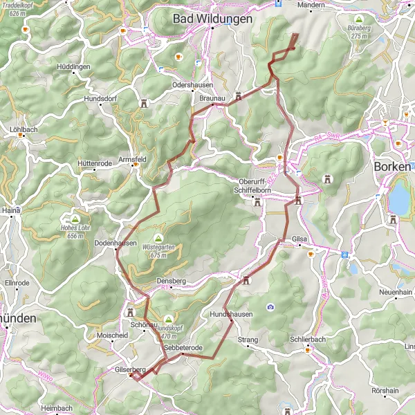 Map miniature of "Jesberg Gravel Adventure" cycling inspiration in Kassel, Germany. Generated by Tarmacs.app cycling route planner