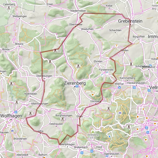 Map miniature of "Calden and Malsburg Adventure" cycling inspiration in Kassel, Germany. Generated by Tarmacs.app cycling route planner