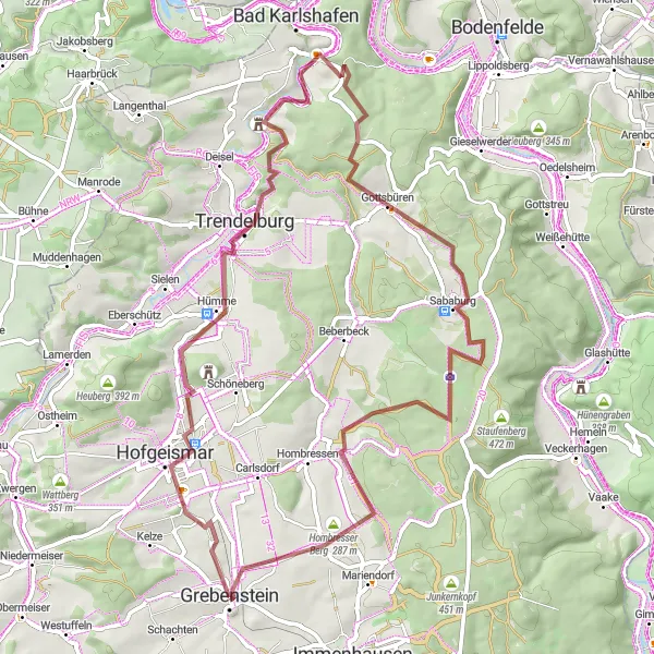 Map miniature of "Hofgeismar Highlights" cycling inspiration in Kassel, Germany. Generated by Tarmacs.app cycling route planner