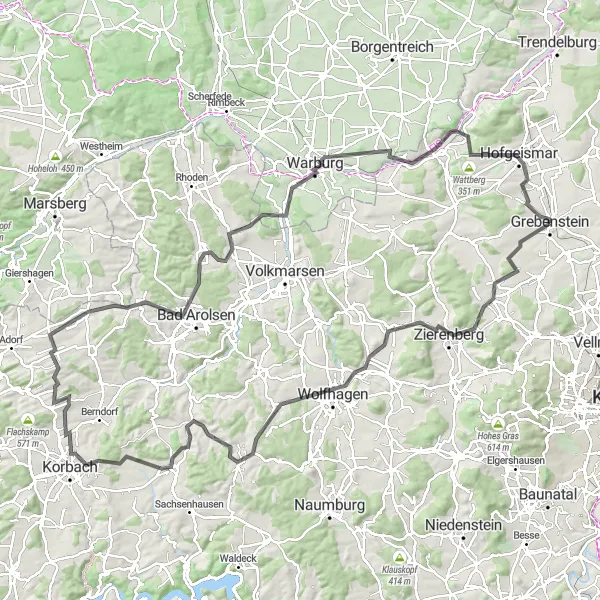 Map miniature of "Castle Climbs and Hilltop Views" cycling inspiration in Kassel, Germany. Generated by Tarmacs.app cycling route planner