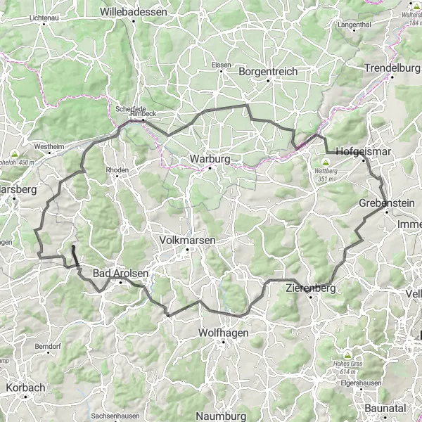 Map miniature of "Castles and Rolling Hills" cycling inspiration in Kassel, Germany. Generated by Tarmacs.app cycling route planner