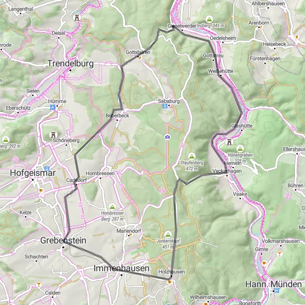 Map miniature of "Exploring Nature and Hidden Gems" cycling inspiration in Kassel, Germany. Generated by Tarmacs.app cycling route planner