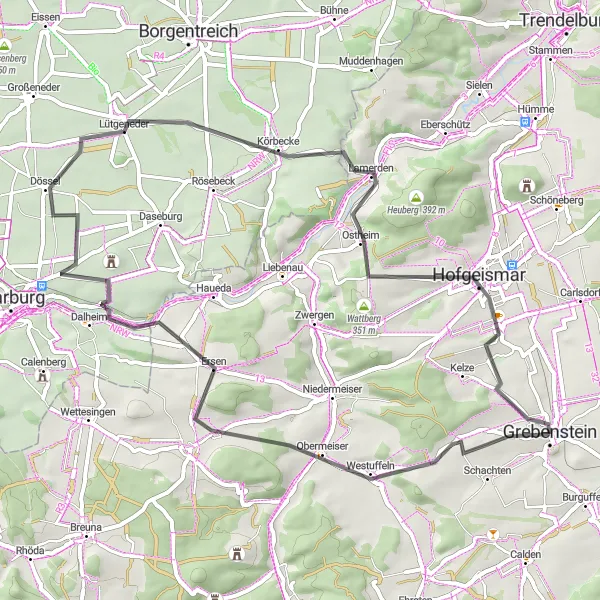 Map miniature of "Hilltops and Historic Charm" cycling inspiration in Kassel, Germany. Generated by Tarmacs.app cycling route planner